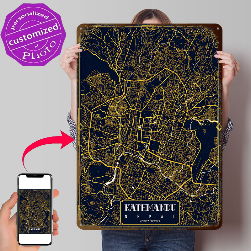 Home Decor Kathmandu - Kathmandu Stadskarter Gouden 3D Textuur Geprint