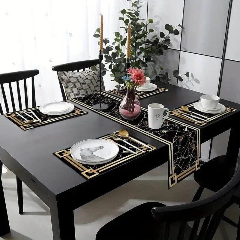 Linen Table Runner - VIKAMA Zwart Goud Marmeren Tafelloper Placemats